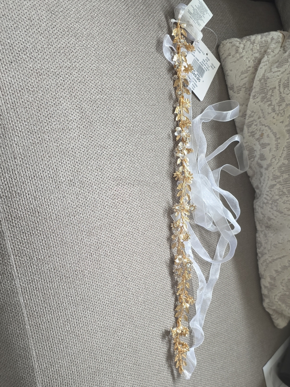 Gold Floral Bridal Sash Belt with White Ribbon